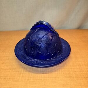 Covered Butter/Cheese Dish Depression Era Vintage‎ Cobalt Blue Glass Dome HEAVY